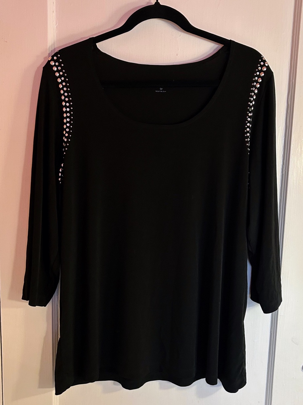 Susan Graver Black Women's Scoop Neck Top with Shoulder Stud Detail